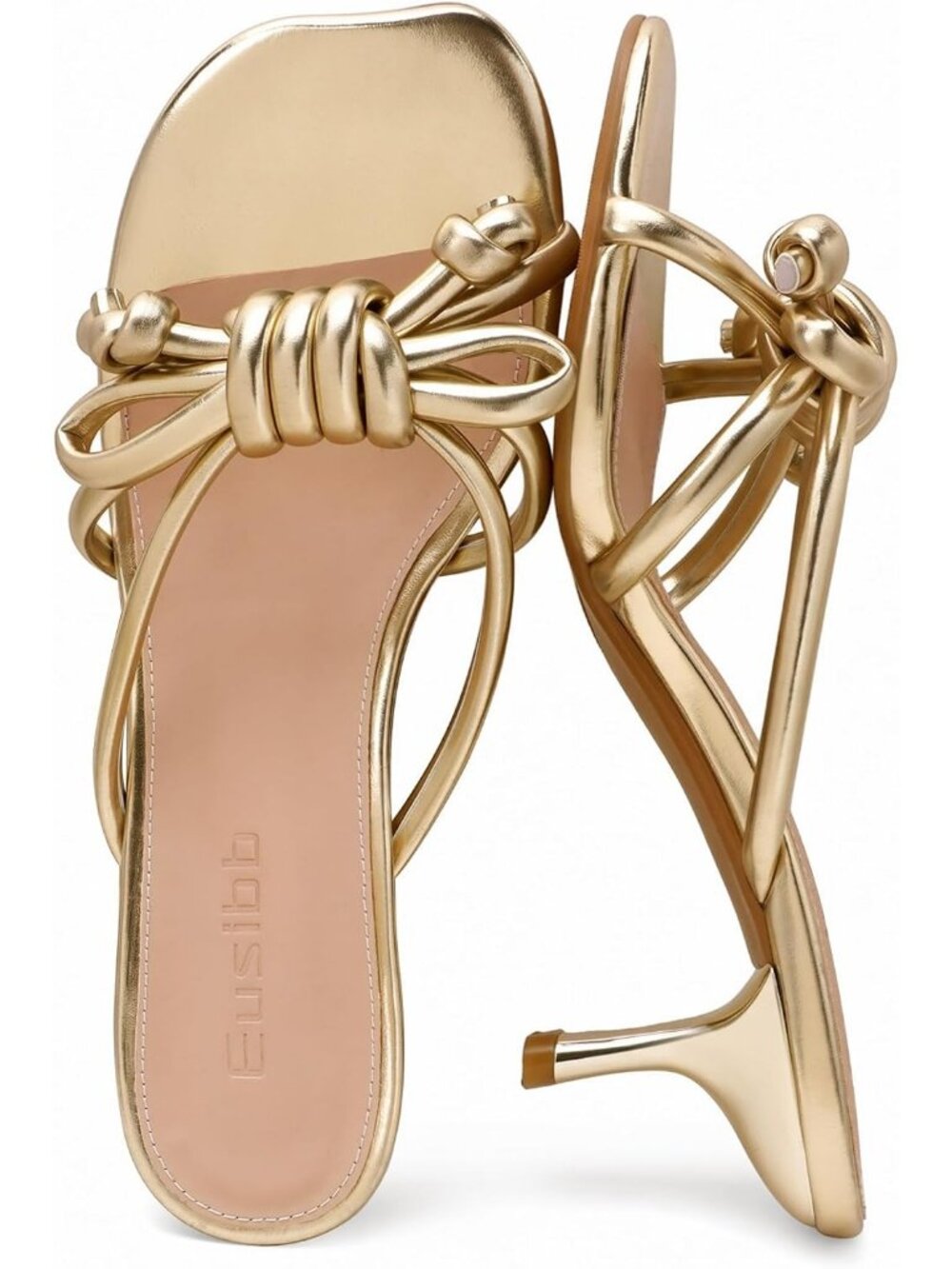 Women's Gold Rubber Knot Strap Open Toe Kitten Heel Slip On Comfortable Sandals